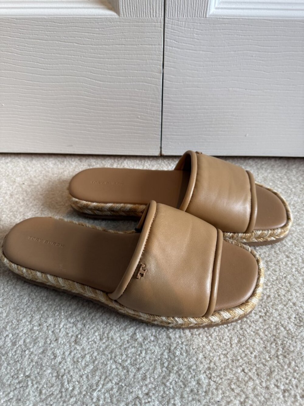 Tory Burch T Logo Espadrille Slide Sandals Size 9.5 Tan Tiramisu Leather Strap